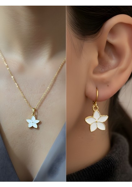 Beyaz Çiçek Detay Kadın Kolye Küpe Set