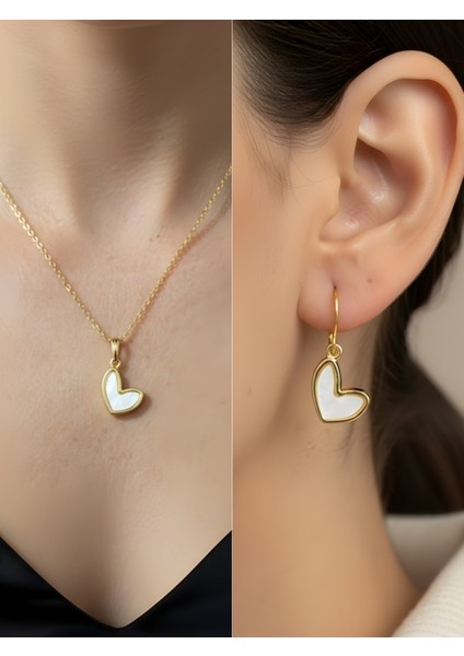 Beyaz Inci Kalp Zarif Detay Kadın Kolye Küpe Set