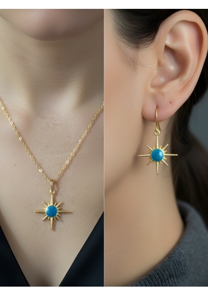 Mavi Güneş Işıltılı Detay Kadın Kolye Küpe Set