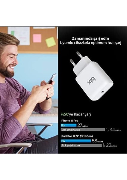 Bix BX-PD25TA 25W Pd Type-C Hızlı Şarj Adaptörü 15/14/13/12 Pro Max, Galaxy, Hızlı Şarj Protokolü Destekli, S24/S23/S22/S21/ 10, Mate 50 Pro fiyatları