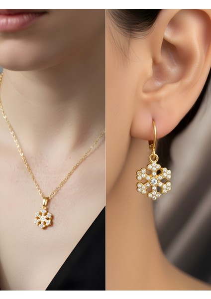 Taşlı Kar Tanesi Detay Kadın Kolye Küpe Set