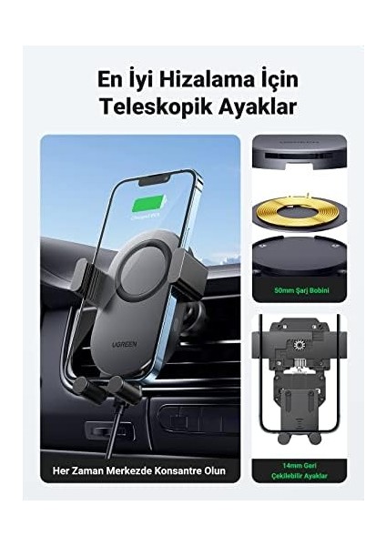 Ugreen Otomatik Endüksiyonlu Kablosuz Şarj Cihazı, 15 W Qi Şarj Cihazı, Otomobil Için, Endüktif Şarj Tutucu, 13 Pro, 12 Pro Max, 11, X, 6, Galaxy S21 Ultra, S20, 20 Vb. ile Uyumlu modelleri