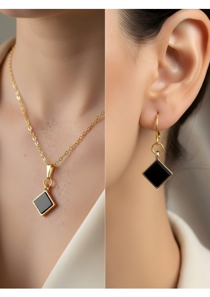 Siyah Kare Detay Kadın Kolye Küpe Set
