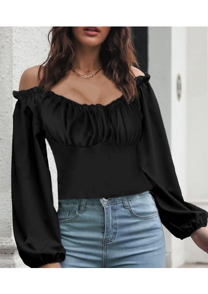 Kadın Uzun Kollu Kare Yaka Göğüs Büzgü Detay Sandy Bluz modelleri