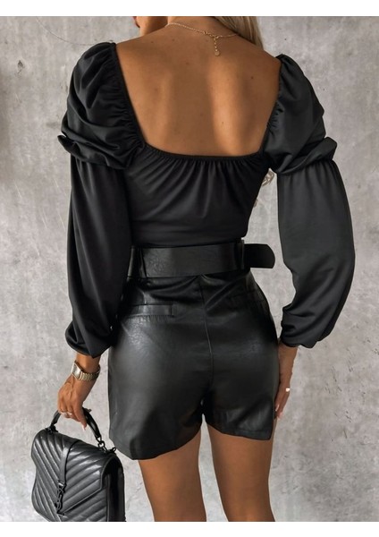 Kadın Uzun Kollu Kare Yaka Göğüs Büzgü Detay Sandy Bluz