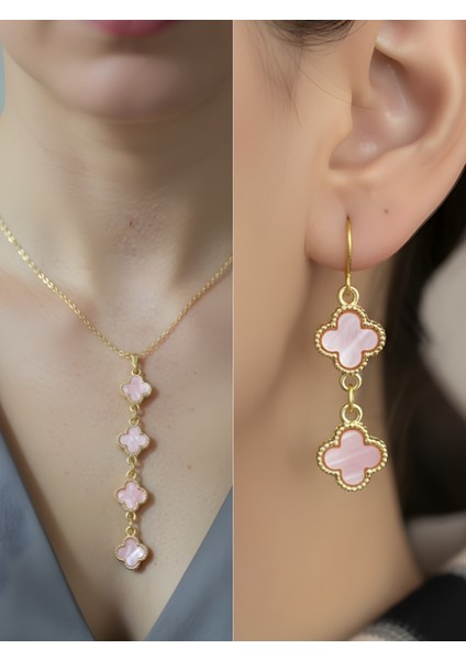 Pembe Dört Yaprak Detay Kadın Kolye Küpe Set