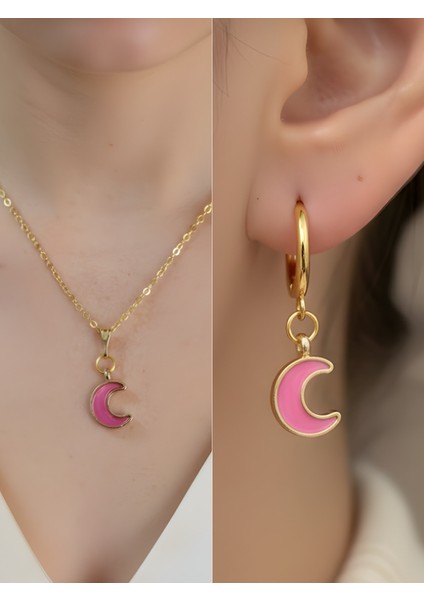 Pembe Hilal Detay Kadın Kolye Küpe Set