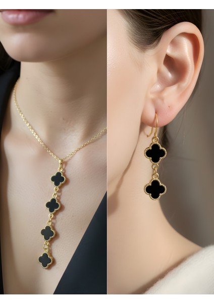 Siyah Dört Yaprak Detay Kadın Kolye Küpe Set