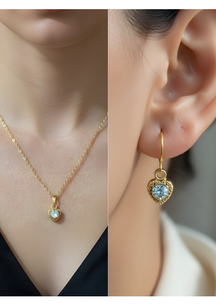 Mavi Taşlı Kalp Detay Kadın Kolye Küpe Set