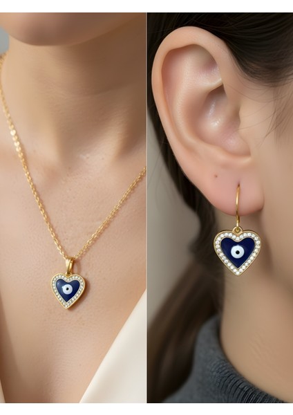 Kalp Nazar Taşlı Zarif Detay Kadın Kolye Küpe Set