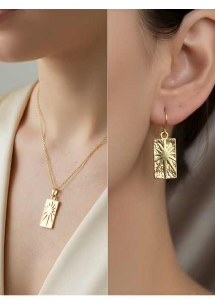 Işıltılı Dikdörtgen Detay Kadın Kolye Küpe Set