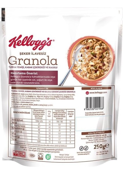 Kellogg&apos;s Şeker Ilavesiz Granola Turna Yemişi, Kabak Çekirdeği ve Kajulu 250 gr x 10 Adet modelleri