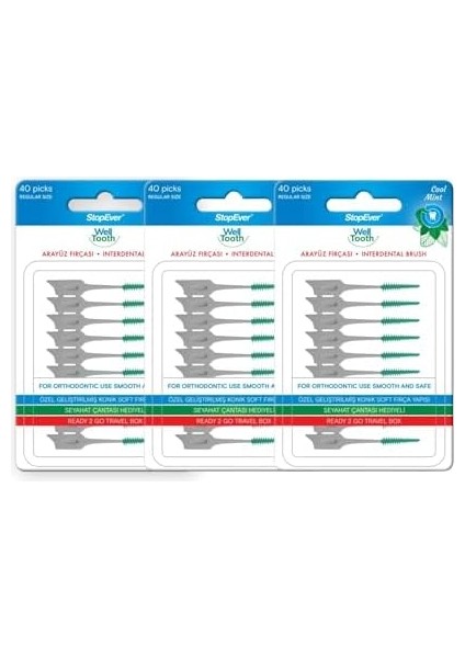 Stopever Well Tooth Arayüz Fırçası, Normal Boy, Beyaz & Yeşil, 3 Paket, 120 Adet fiyatları