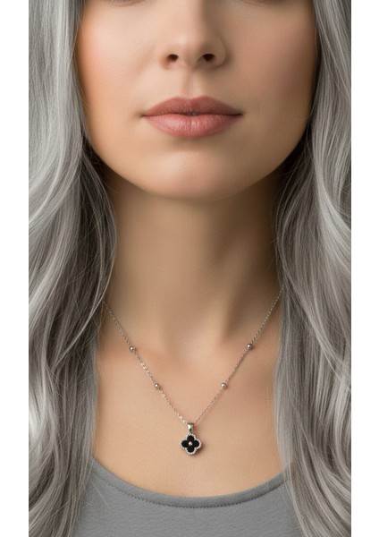 Gümüş Renk Van Cleef Yonca Siyah Taşlı Model Top Zincir Çelik Kolye fiyatları