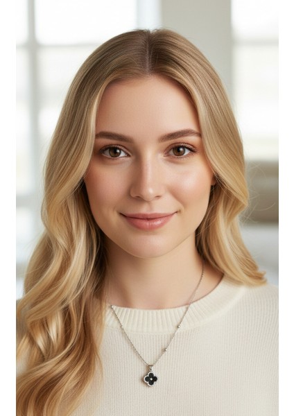 Gümüş Renk Van Cleef Yonca Siyah Taşlı Model Top Zincir Çelik Kolye modelleri