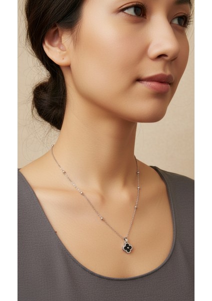 Gümüş Renk Van Cleef Yonca Siyah Taşlı Model Top Zincir Çelik Kolye fırsatları