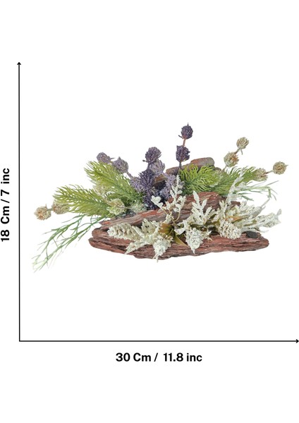 El Yapımı Doğal Ağaç Kabuklu Dekor – Yeşil ve Beyaz Yapay Bitkili Masa Süsü