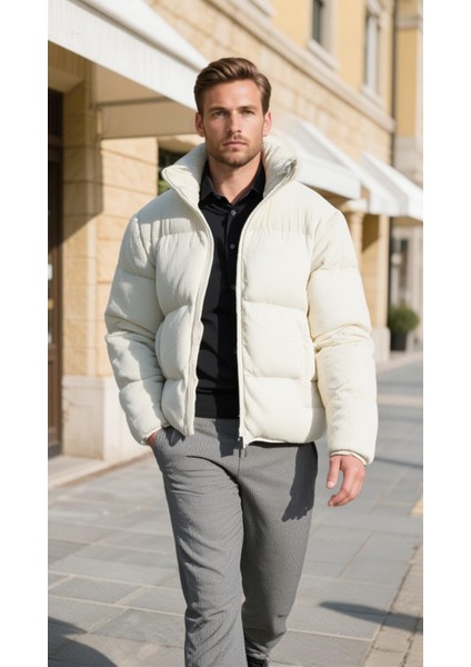 Erkek Kadife Şişme Mont Krem