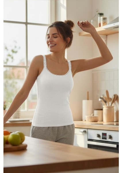 Kadın Raporlu Kumaş Dantel Şeritli Askılı Atlet | Kadın Atlet