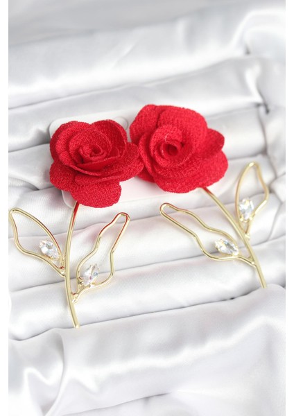 Pirinç Renk Kırmızı Gül Kadın Küpe