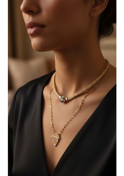 Ikili Kolye Set - Altın Renk Taşlı Kolye Bijuteri Çelik Kolye-Lüks Gerdanlık Kolye