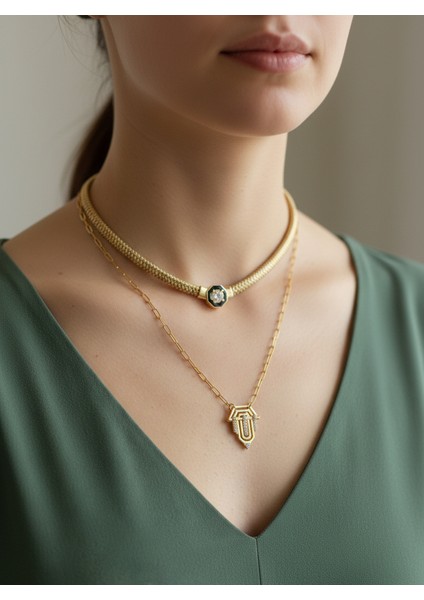 Ikili Kolye Set - Altın Renk Taşlı Kolye Bijuteri Çelik Kolye-Lüks Gerdanlık Kolye fiyatları