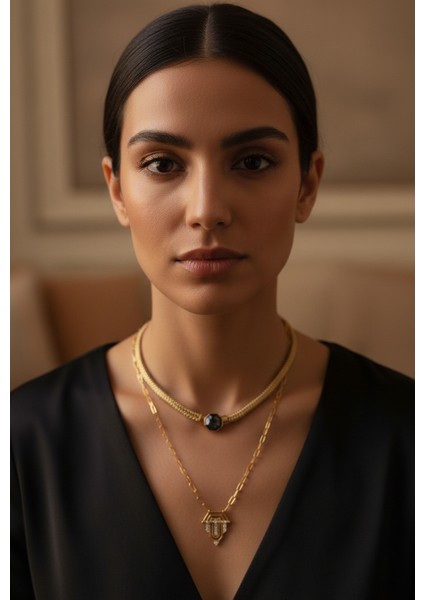 Ikili Kolye Set - Altın Renk Taşlı Kolye Bijuteri Çelik Kolye-Lüks Gerdanlık Kolye modelleri