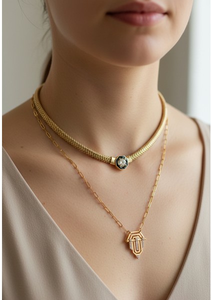 Ikili Kolye Set - Altın Renk Taşlı Kolye Bijuteri Çelik Kolye-Lüks Gerdanlık Kolye fırsatları