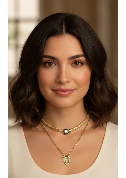 Ikili Kolye Set - Altın Renk Taşlı Kolye Bijuteri Çelik Kolye-Lüks Gerdanlık Kolye indirimleri