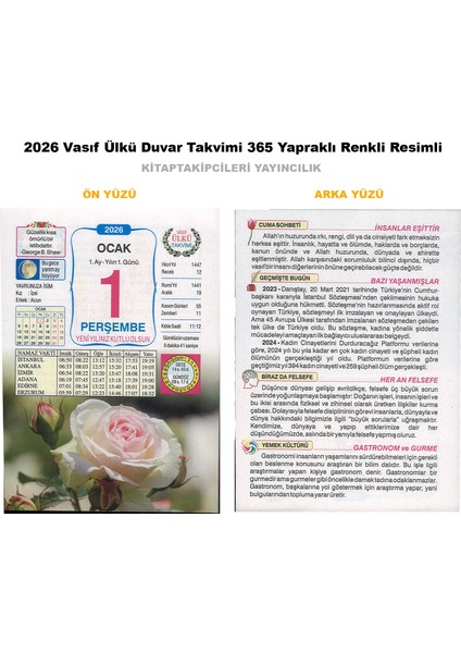 2026 Ülkü Duvar Takvimi Vasıf 59. Yıl Yapraklı Renkli Resimli Kuşe Kağıt Namaz Vakitli