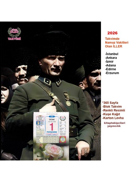 2026 Ülkü Duvar Takvimi Vasıf 59. Yıl Yapraklı Renkli Resimli Kuşe Kağıt Namaz Vakitli modelleri