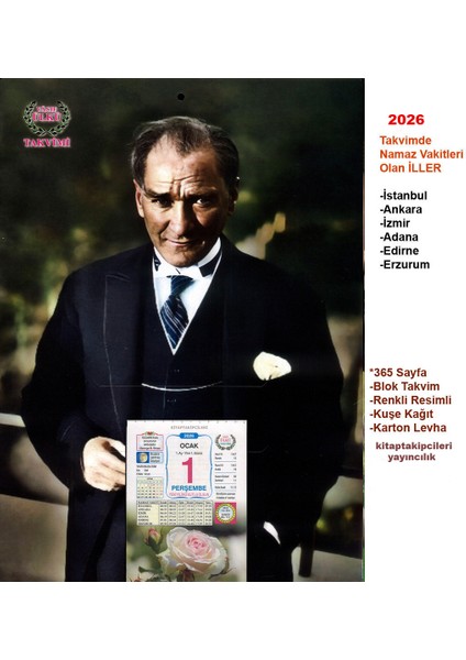 2026 Ülkü Duvar Takvimi Vasıf 59. Yıl Yapraklı Renkli Resimli Kuşe Kağıt Namaz Vakitli fırsatları