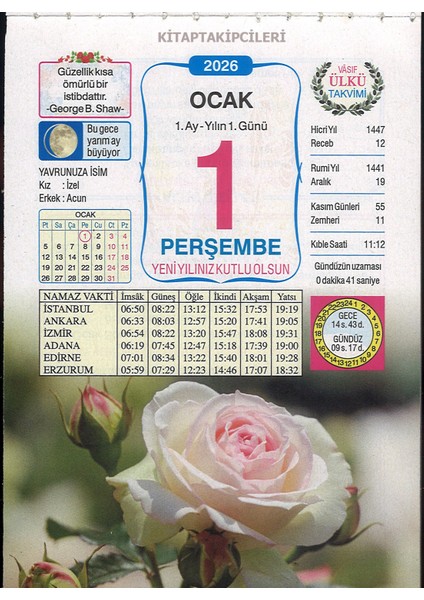 2026 Ülkü Duvar Takvimi Vasıf 59. Yıl Yapraklı Renkli Resimli Kuşe Kağıt Namaz Vakitli indirimleri