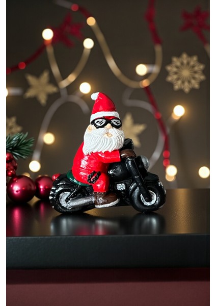 Dekoratif Motosikletli Noel Baba Biblo, Eğlenceli Christmas Ev Süsü, Yeni Yıl Dekorasyonu 11X11 cm