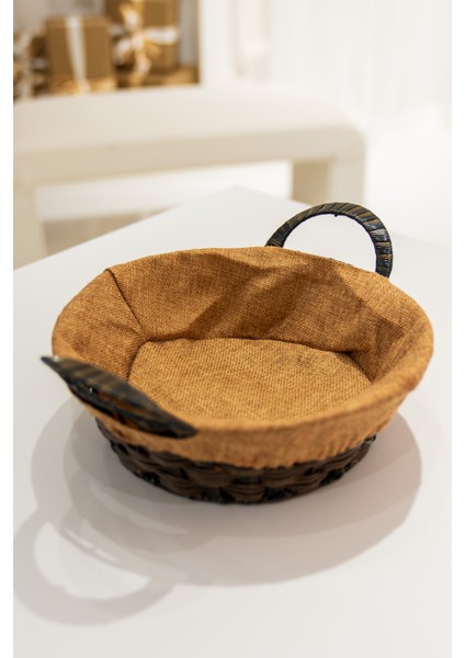 Hasır Sepet Kulplu Jüt Kumaşlı Dekoratif Organizer - Ekmek Sepeti