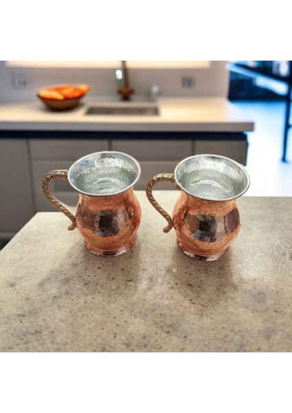 Bakır Bardak & Bakır Kupa Dövme Bakır Ayran Bardağı Kulplu 2 Adet Kaliteli Kalın Bakır Maşrafa