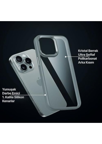 15 Pro Için Serisi Arkası Şeffaf Polikarbonat Kenarları Silikon Kamera Lens Çerçevesi ve Tuşları Metal Yüksek Kalite Şeffaf Silikon Kılıf (Titanyum Gri, Klasik) fiyatları