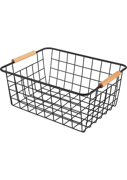 Çelik Organizer Sepet - Ekmek ve Servis,, Mutfak, Ofis, Dolap Organizatörü, Ev Içi Düzenleyici Çok Amaçlı Kullanım Ahşap Kulplu Taşınabilir Siyah