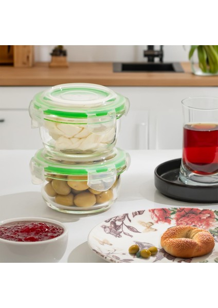 Por Sızdırmaz Kilitli Kapaklı Çok Amaçlı 2 Li Kahvaltılık Erzak Cam Saklama Kabı 240 ml - Yeşil