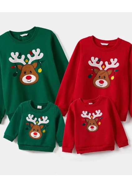 Özel Tasarım Yılbaşı Geyiği Baskılı %100 Pamuk Kışlık Aile Kombini Sweatshırt.1 Adet Fiyatıdır
