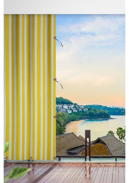Sarı Beyaz Çizgili Su Geçirmez Kornişli Bağcıklı Balkon Perdesi Branda Enxboy