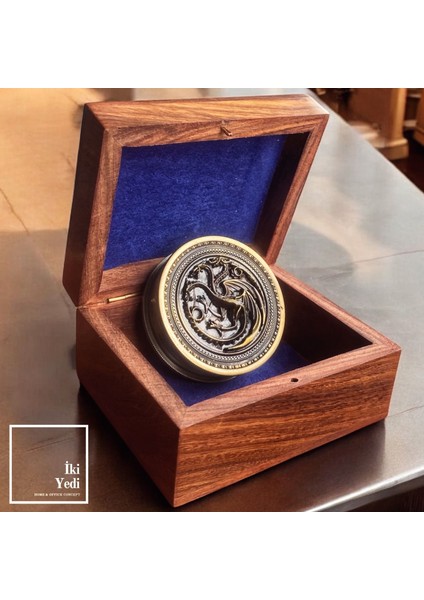 Ejderha Desenli Ahşap Kutulu Antika Pirinç Pusula – Lüks Dekoratif Obje, Ofis Hediyesi