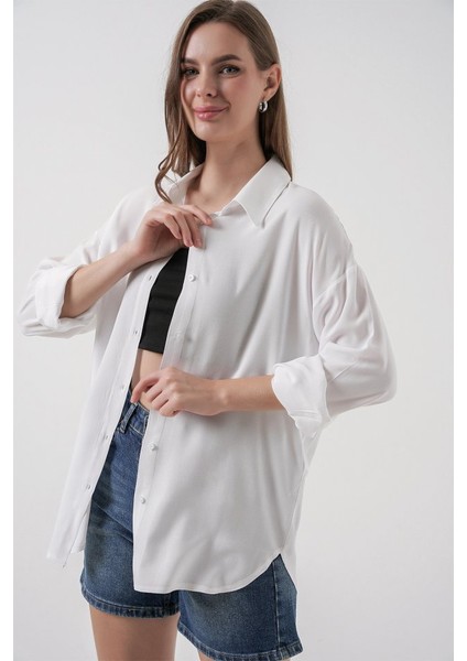 Artsviva Oversize Viskon Gömlek 3785 - Beyaz fırsatları