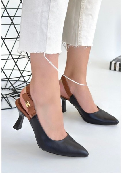 Sivri Burun Arkası Açık Slingback Taba Zincir Tokalı Kadeh Topuk Kadın Ayakkabı modelleri