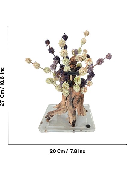 El Yapımı Doğal Kök Dekor – Epoksi Tabanlı Mor ve Beyaz Yapay Çiçek Tasarımı