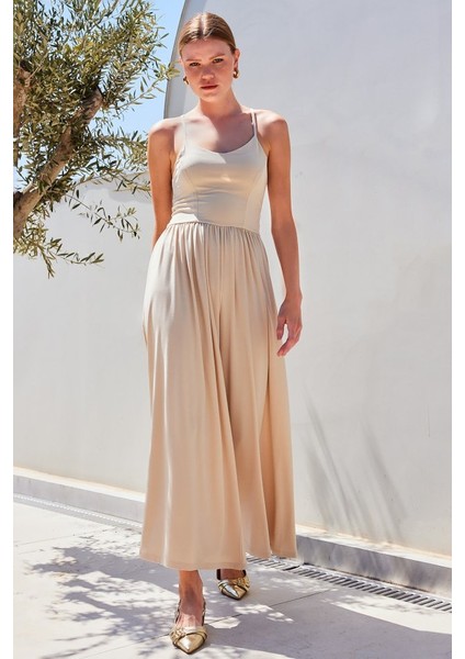 7029 Bol Paça Askılı Tulum - Bej modelleri