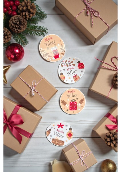 Mutlu Yıllar /yılbaşı/sticker 4 cm 72 Adet - Yeni Yıl Yılbaşı Sticker Hediye Paketi Sticker