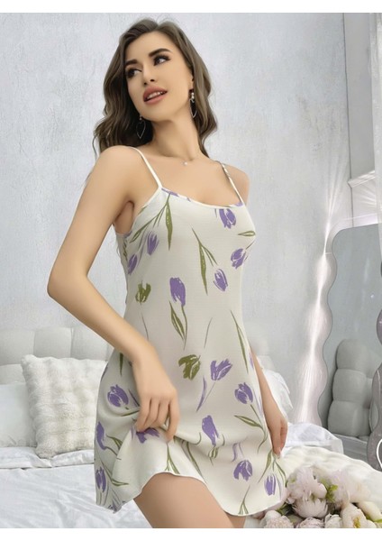 Kadın Beyaz Çiçekli Desenli Askılı Gecelik 5109 fiyatları