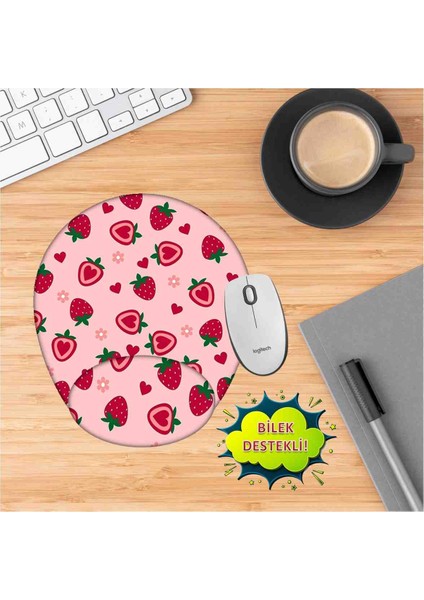 Çilek Desenli Mouse Pad Bilek Destekli