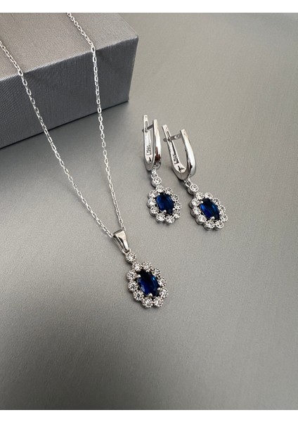Gümüş Safir Oval Taşlı Sallantılı Küpe ve Kolye Seti fiyatları